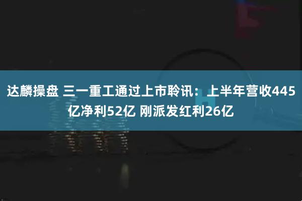 达麟操盘 三一重工通过上市聆讯：上半年营收445亿净利52亿 刚派发红利26亿